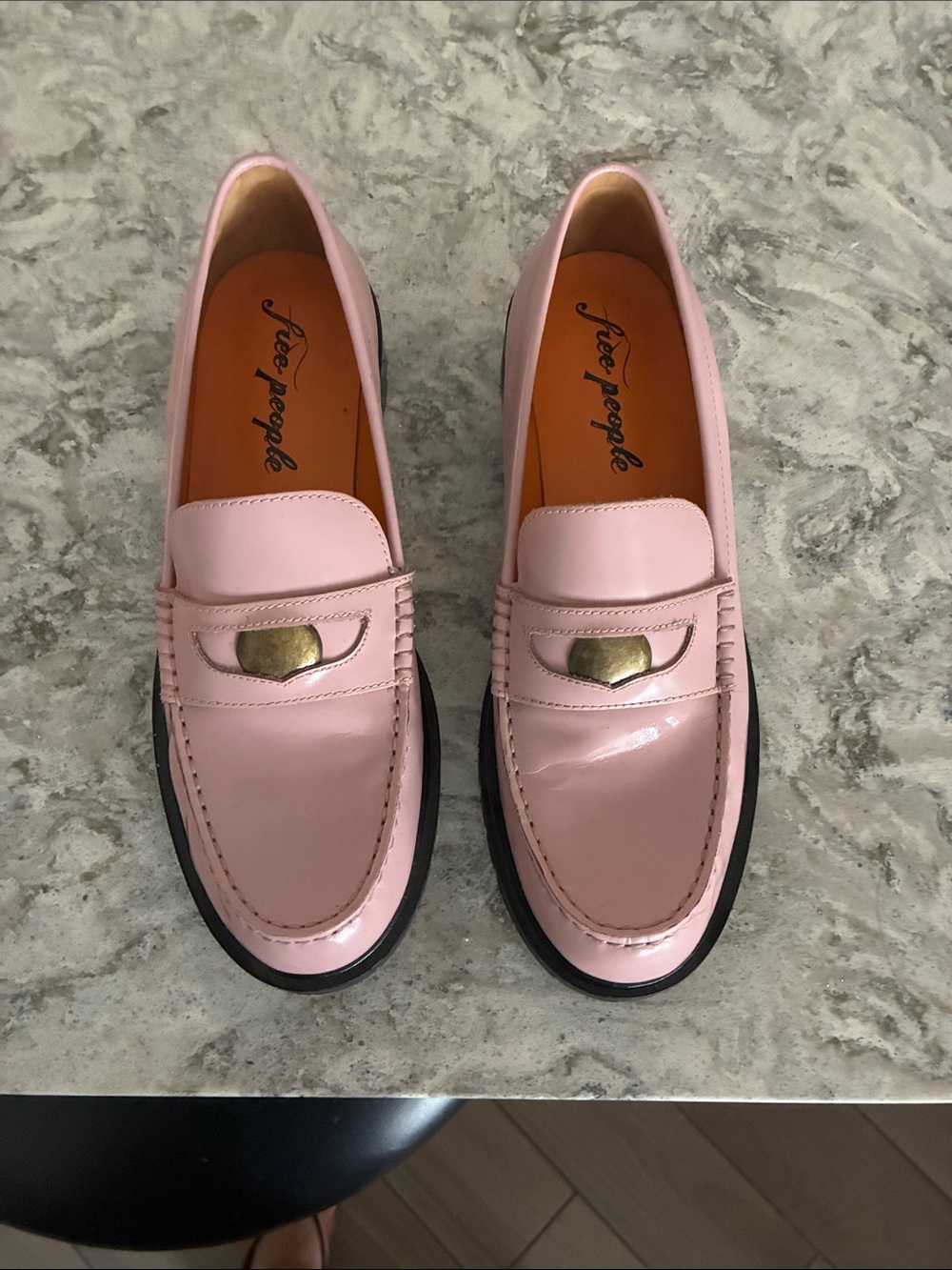 Free People Blush Pink Patent Loafers with Gold Accent